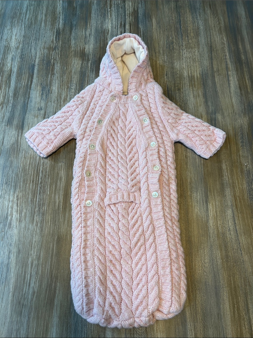 Lands' End Pink Cable Knit Baby Bunting Bag/Sleeping Bag/Coat - Infant 0-3M